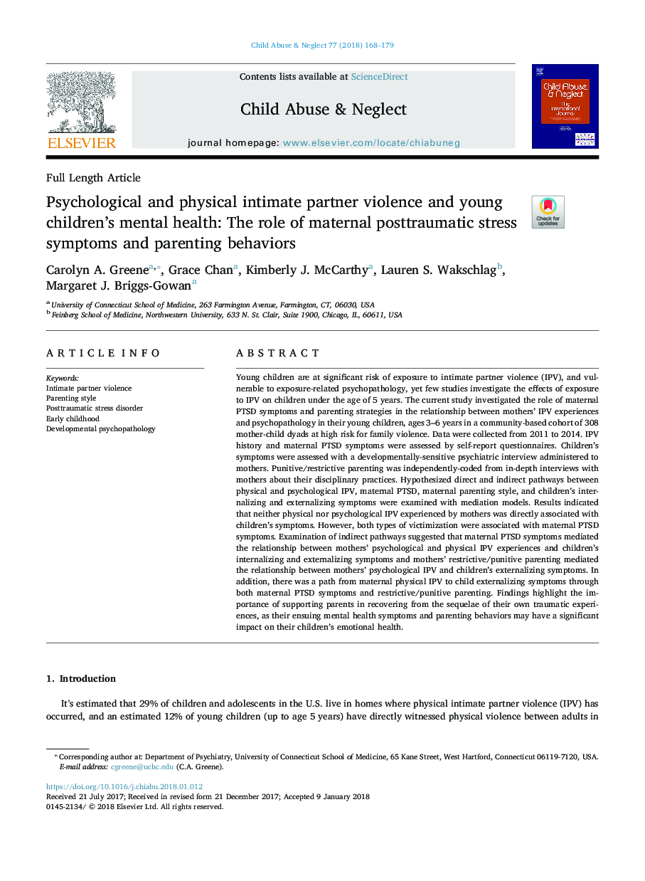 Psychological and physical intimate partner violence and young children's mental health: The role of maternal posttraumatic stress symptoms and parenting behaviors