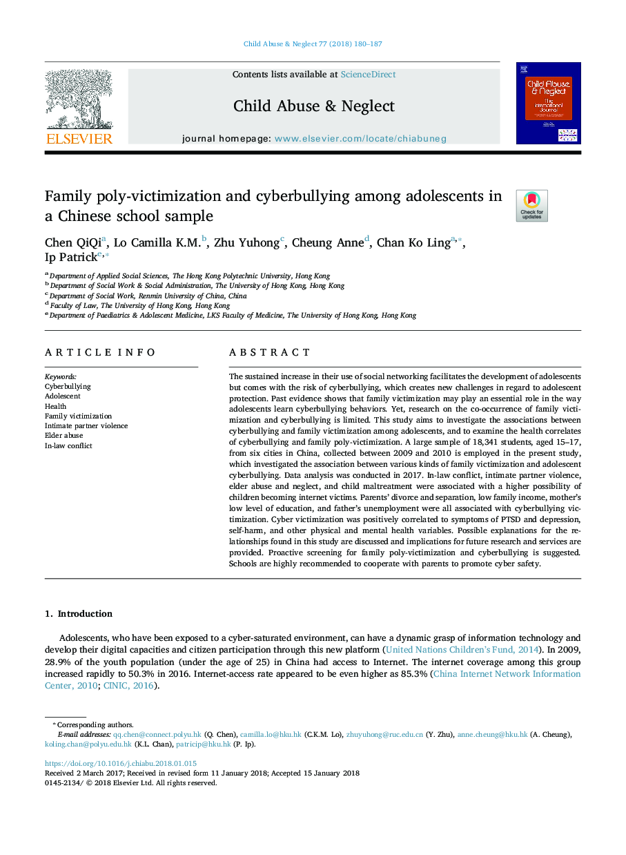 Family poly-victimization and cyberbullying among adolescents in a Chinese school sample