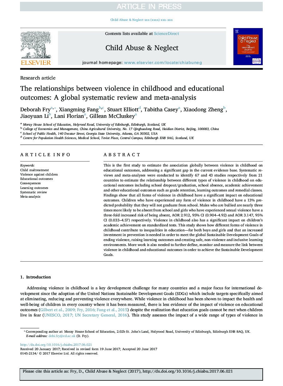 روابط بین خشونت در دوران کودکی و نتایج آموزشی: بررسی منظم سیستماتیک و متا آنالیز 
