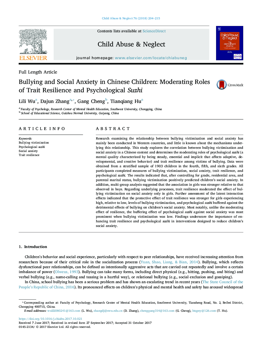 Bullying and Social Anxiety in Chinese Children: Moderating Roles of Trait Resilience and Psychological Suzhi