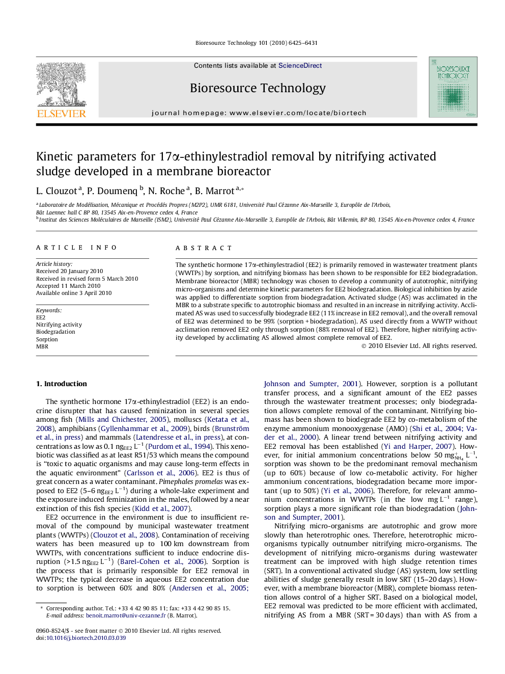 Kinetic parameters for 17α-ethinylestradiol removal by nitrifying activated sludge developed in a membrane bioreactor