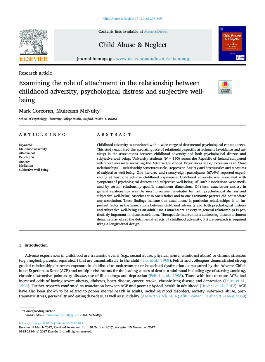 Examining the role of attachment in the relationship between childhood adversity, psychological distress and subjective well-being