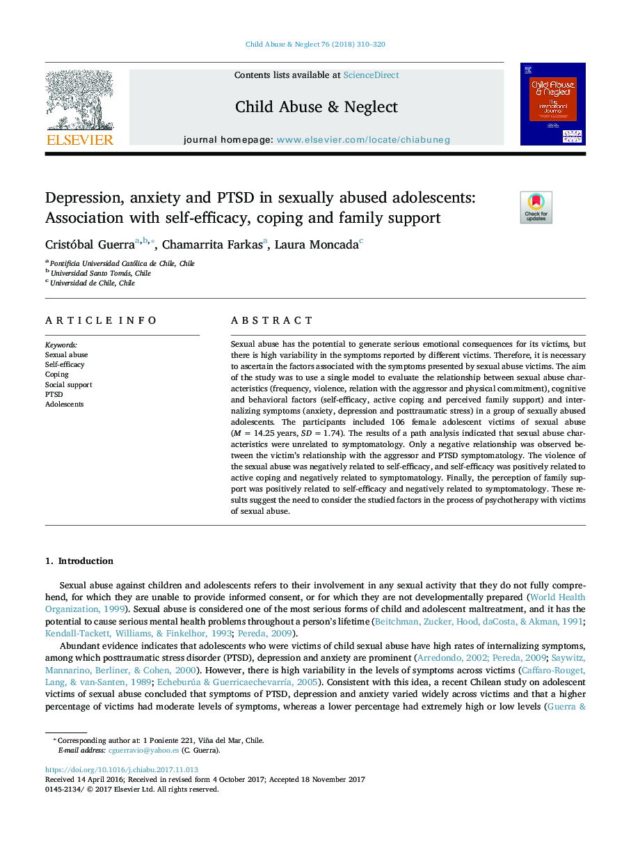 Depression, anxiety and PTSD in sexually abused adolescents: Association with self-efficacy, coping and family support