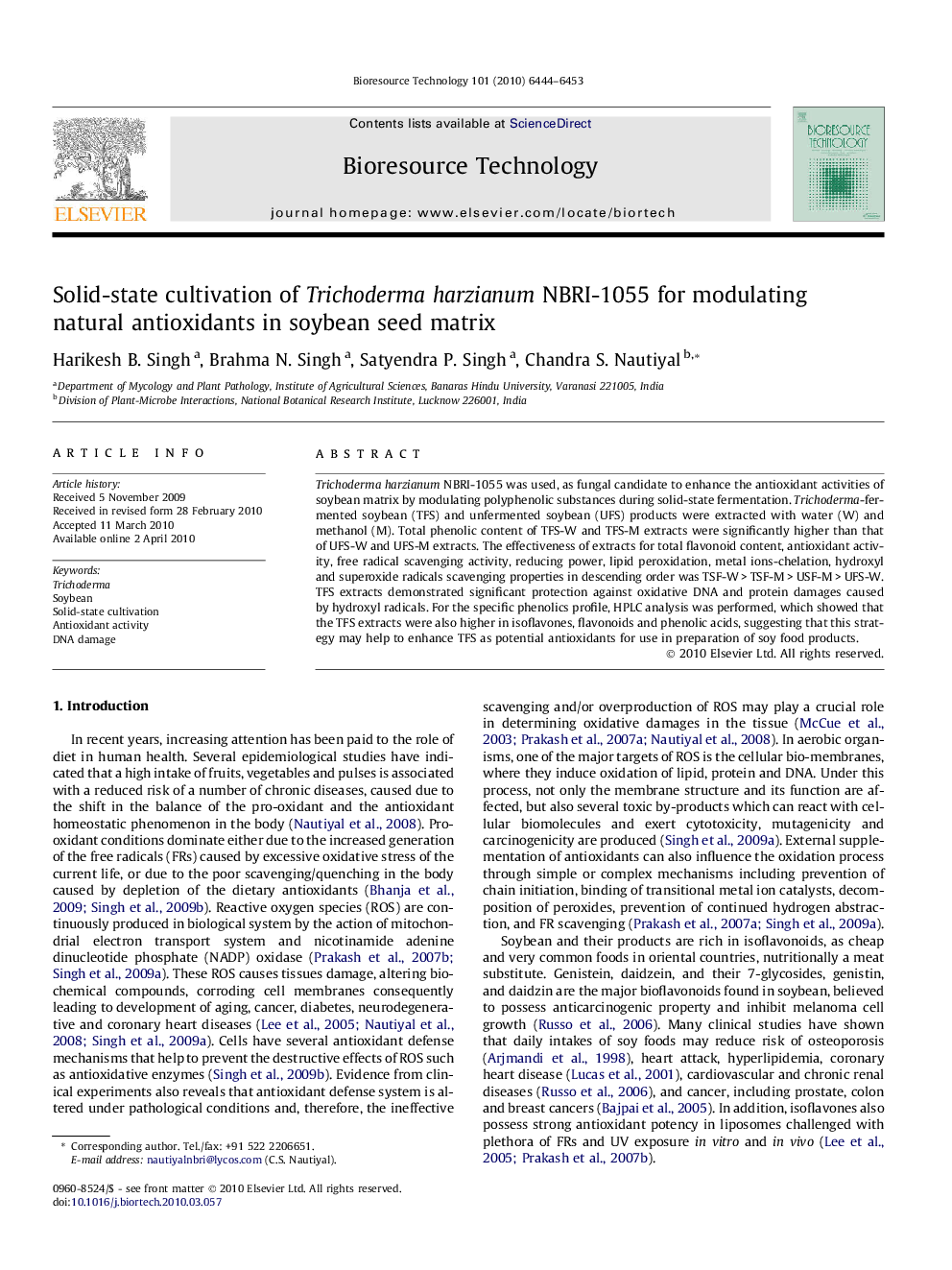 Solid-state cultivation of Trichoderma harzianum NBRI-1055 for modulating natural antioxidants in soybean seed matrix