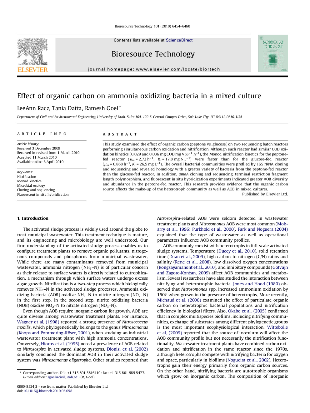 Effect of organic carbon on ammonia oxidizing bacteria in a mixed culture