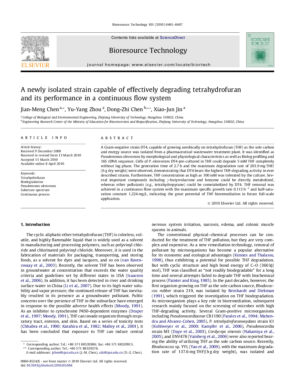 A newly isolated strain capable of effectively degrading tetrahydrofuran and its performance in a continuous flow system