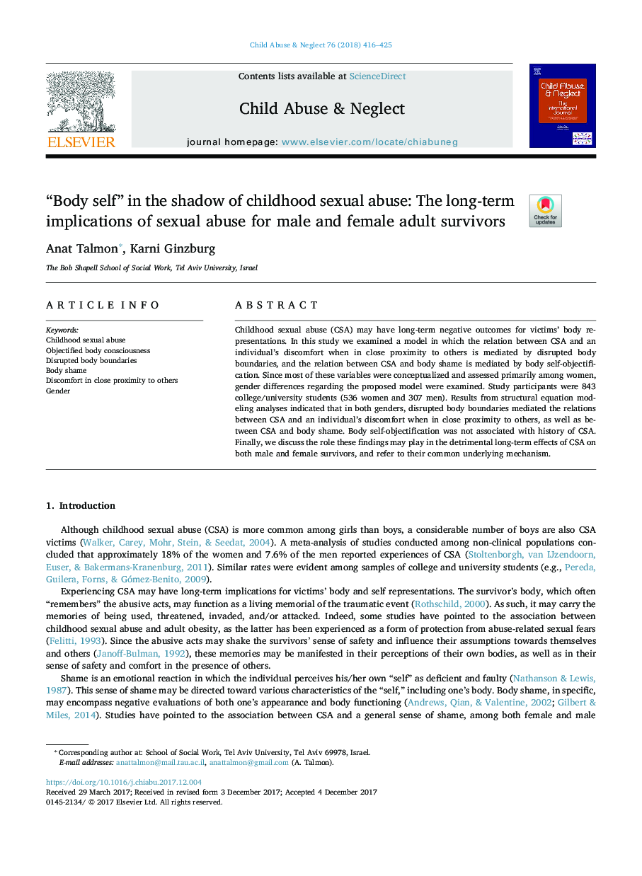 “Body self” in the shadow of childhood sexual abuse: The long-term implications of sexual abuse for male and female adult survivors