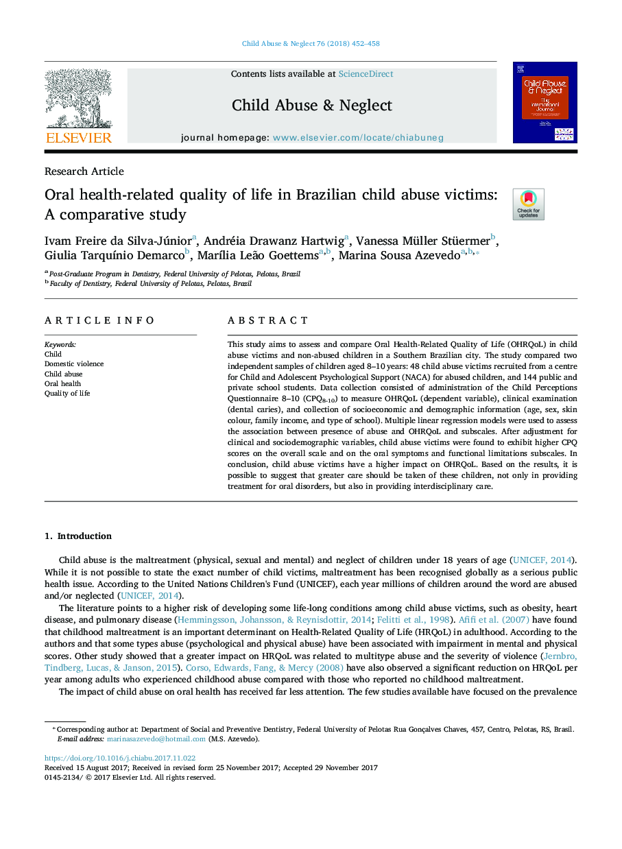 Oral health-related quality of life in Brazilian child abuse victims: A comparative study