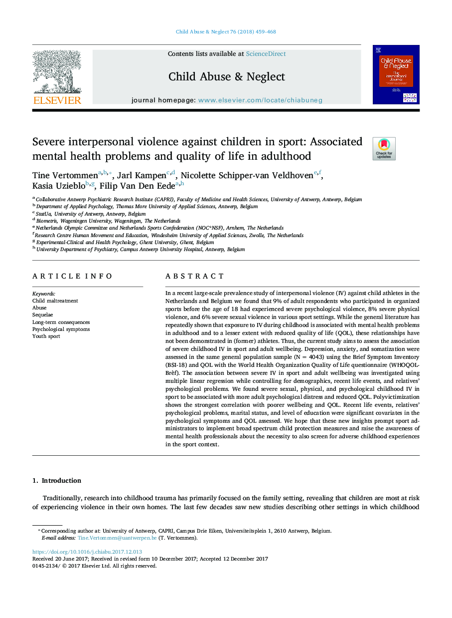 Severe interpersonal violence against children in sport: Associated mental health problems and quality of life in adulthood
