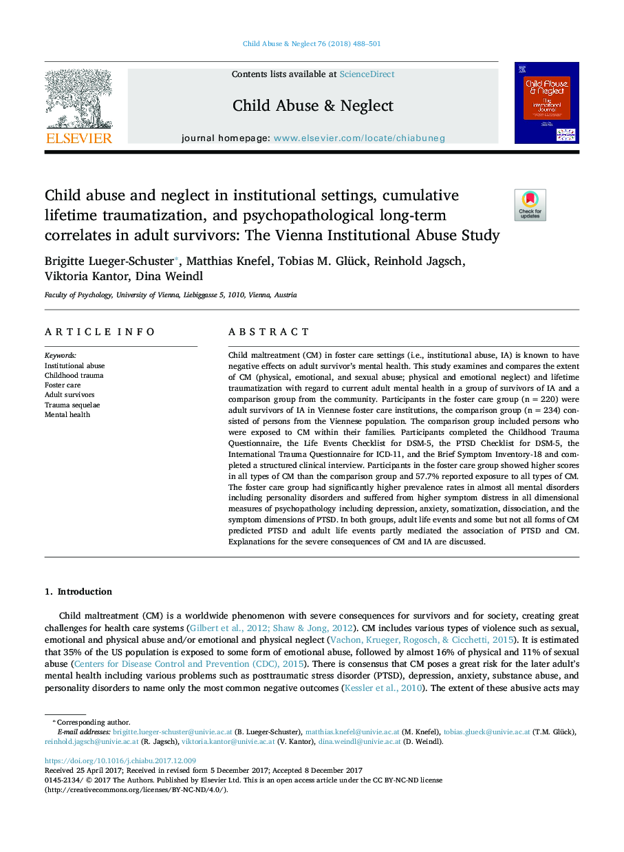 Child abuse and neglect in institutional settings, cumulative lifetime traumatization, and psychopathological long-term correlates in adult survivors: The Vienna Institutional Abuse Study