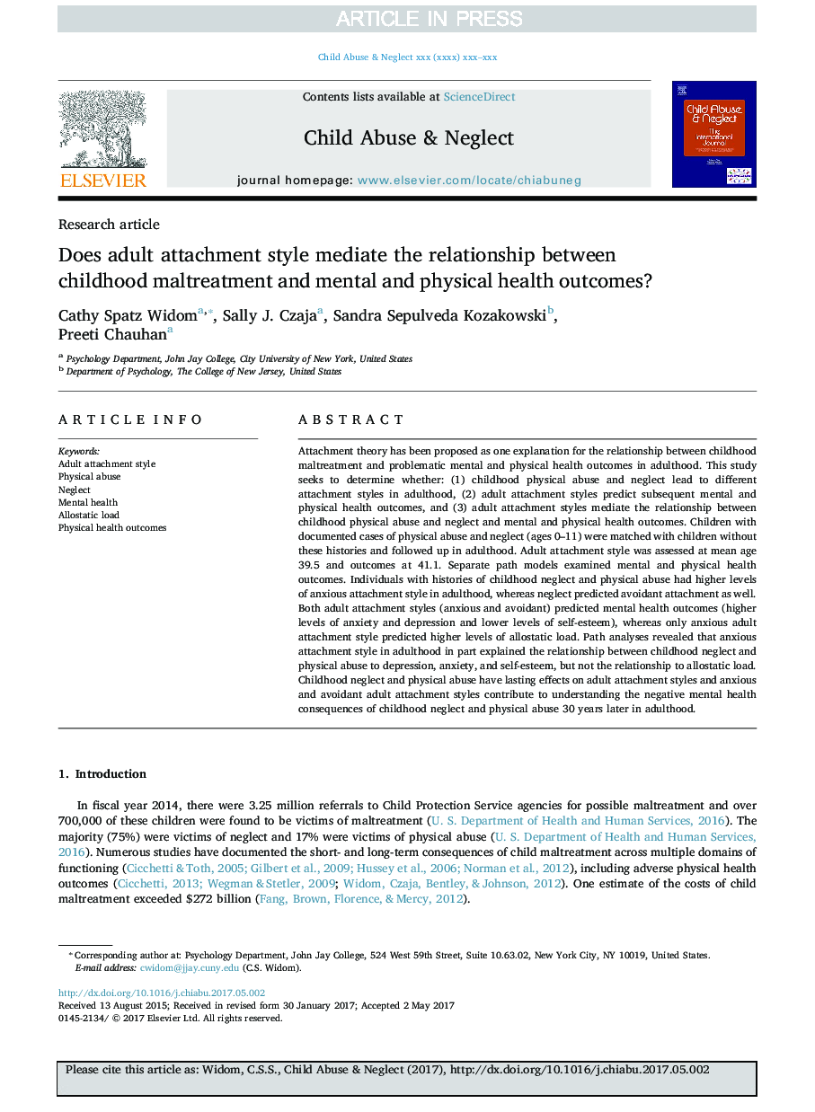 Does adult attachment style mediate the relationship between childhood maltreatment and mental and physical health outcomes?