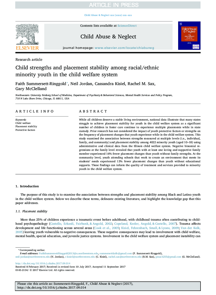 استعدادهای کودک و پایداری در میان جوانان نژادی / اقلیت در نظام رفاه کودکان 