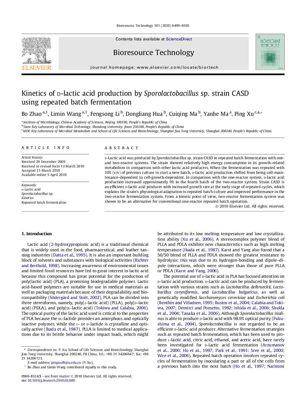 Kinetics of d-lactic acid production by Sporolactobacillus sp. strain CASD using repeated batch fermentation