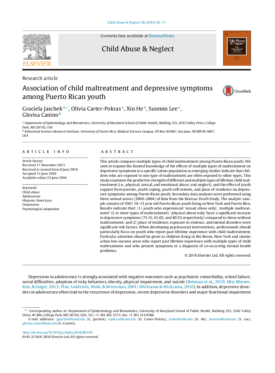 Association of child maltreatment and depressive symptoms among Puerto Rican youth