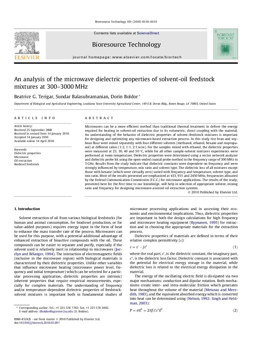 An analysis of the microwave dielectric properties of solvent-oil feedstock mixtures at 300–3000 MHz