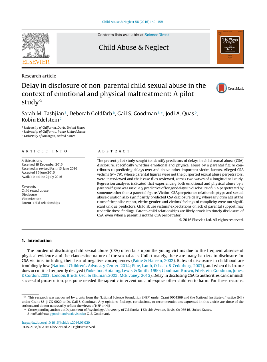 Delay in disclosure of non-parental child sexual abuse in the context of emotional and physical maltreatment: A pilot study