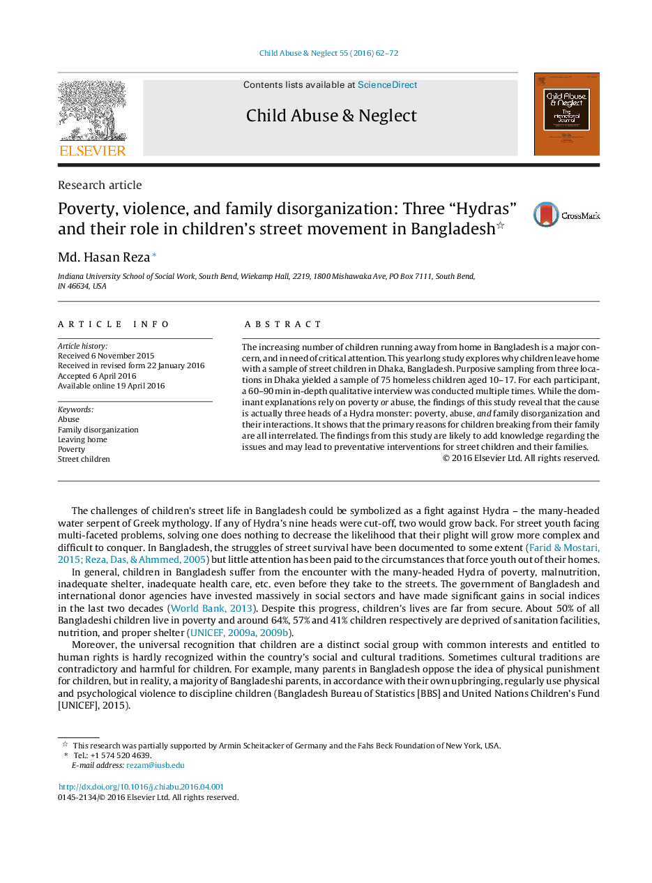 Poverty, violence, and family disorganization: Three “Hydras” and their role in children's street movement in Bangladesh