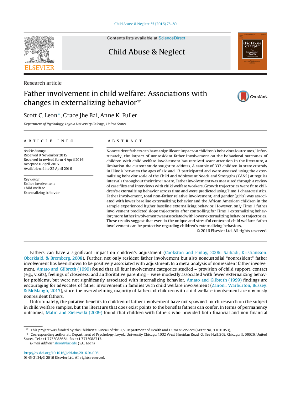 Father involvement in child welfare: Associations with changes in externalizing behavior