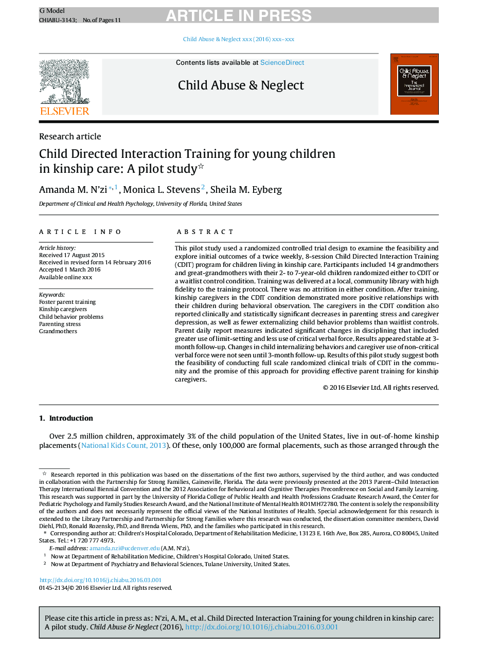 Child Directed Interaction Training for young children in kinship care: A pilot study