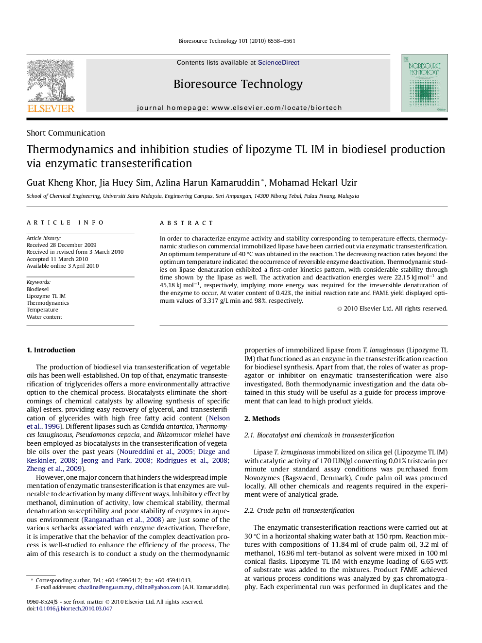 Thermodynamics and inhibition studies of lipozyme TL IM in biodiesel production via enzymatic transesterification