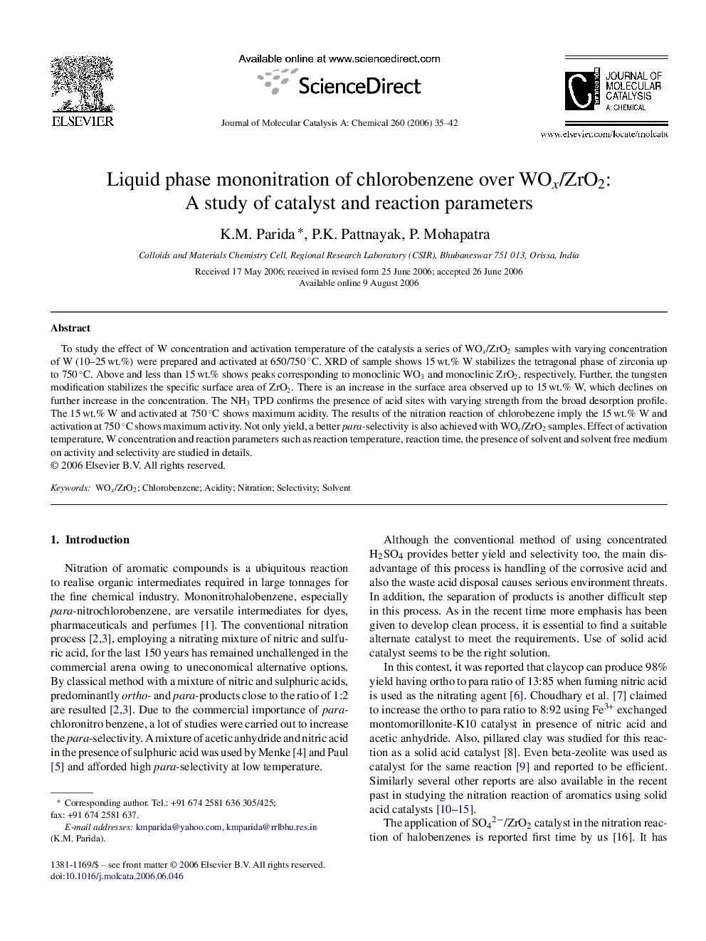 Liquid phase mononitration of chlorobenzene over WOx/ZrO2: A study of catalyst and reaction parameters