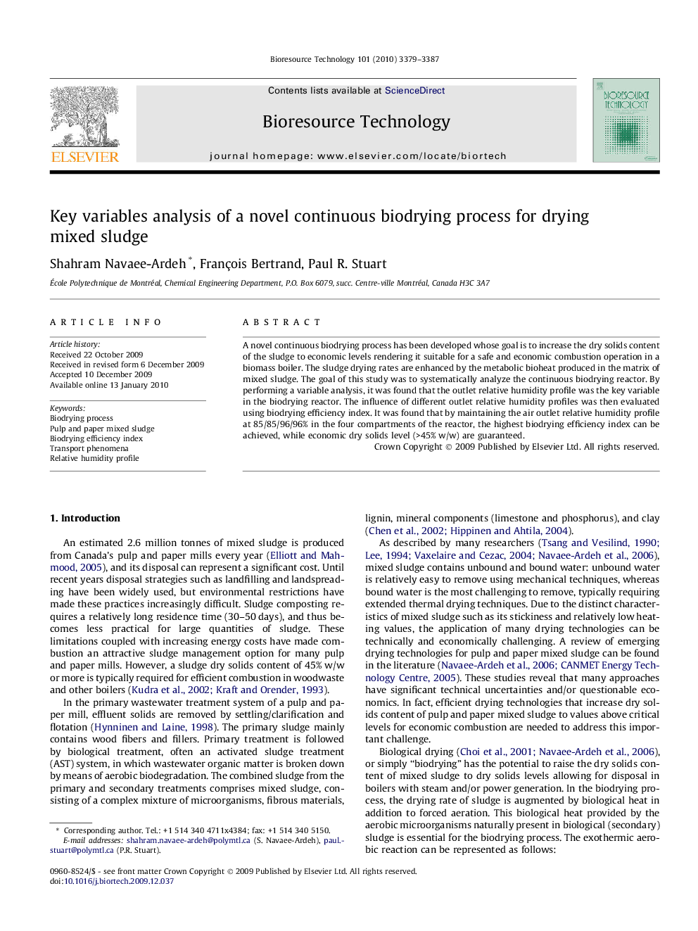 Key variables analysis of a novel continuous biodrying process for drying mixed sludge