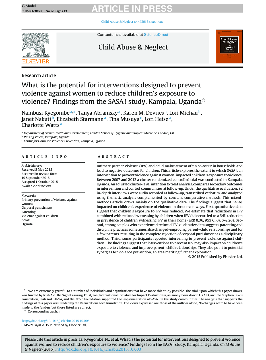 What is the potential for interventions designed to prevent violence against women to reduce children's exposure to violence? Findings from the SASA! study, Kampala, Uganda