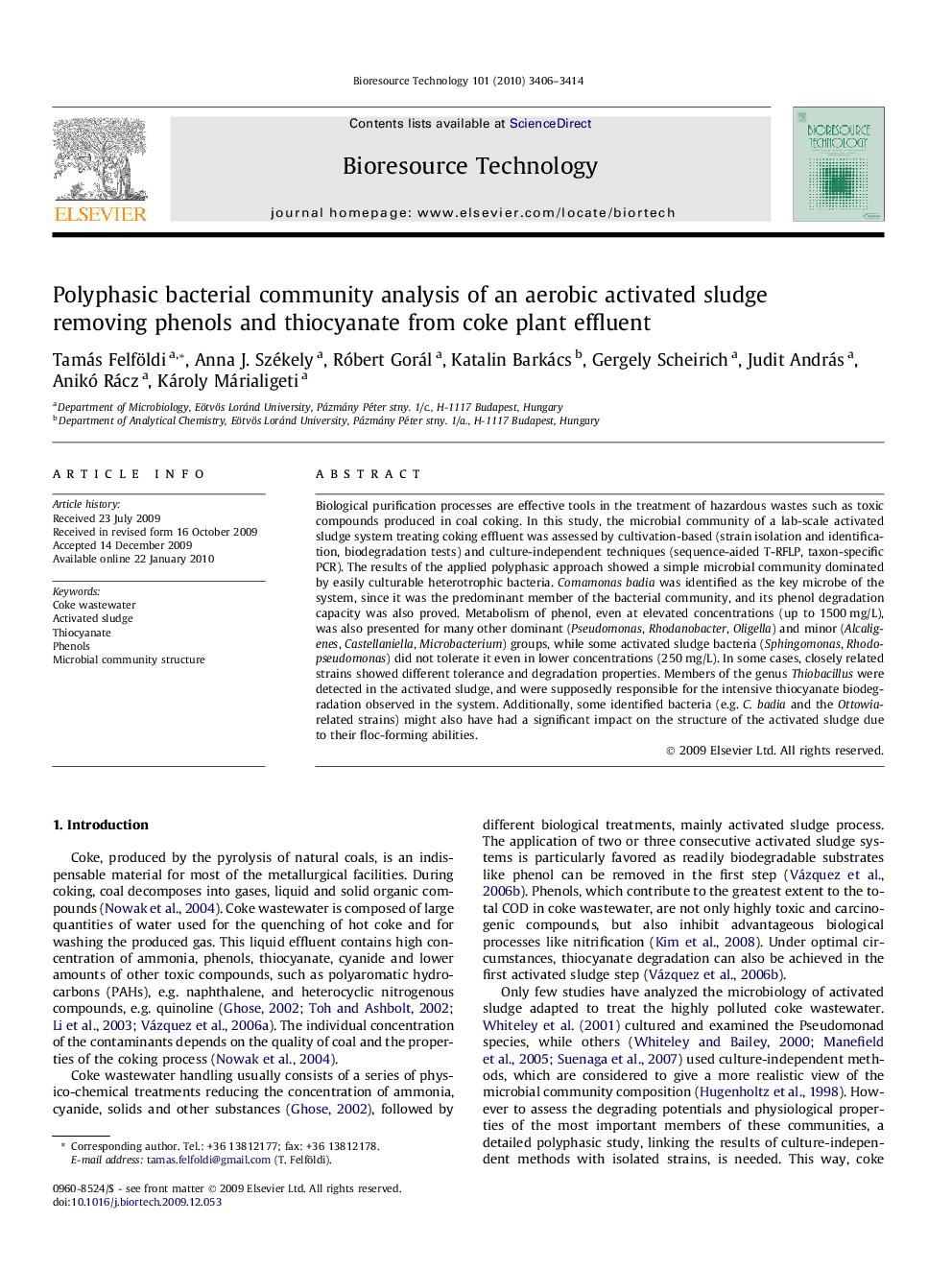 Polyphasic bacterial community analysis of an aerobic activated sludge removing phenols and thiocyanate from coke plant effluent