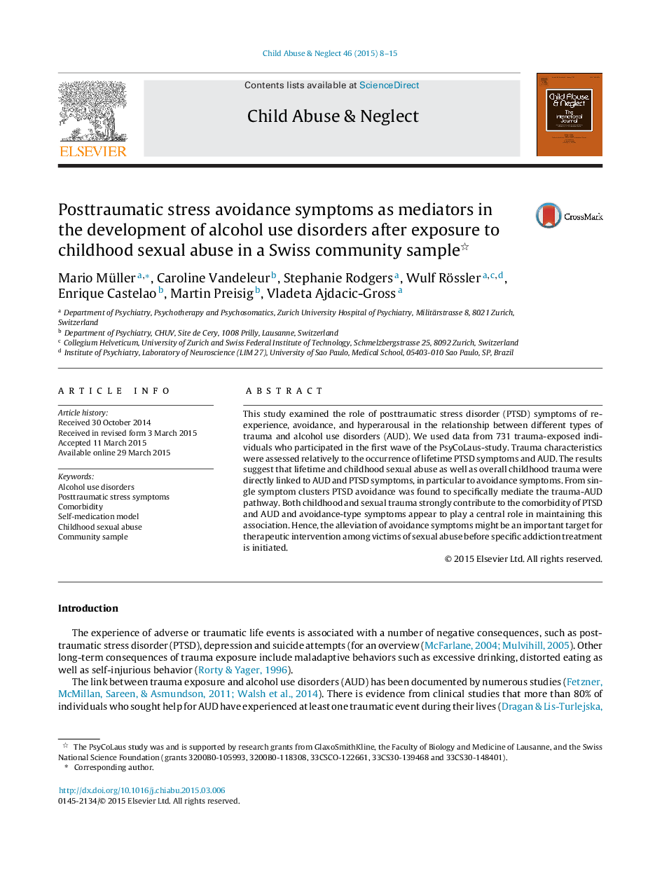 علائم اجتناب از استرس پس از سانحه به عنوان واسطه در توسعه اختلالات مصرف الکل پس از قرار گرفتن در معرض سوء استفاده جنسی از دوران کودکی در نمونه جامعه سوئیس 