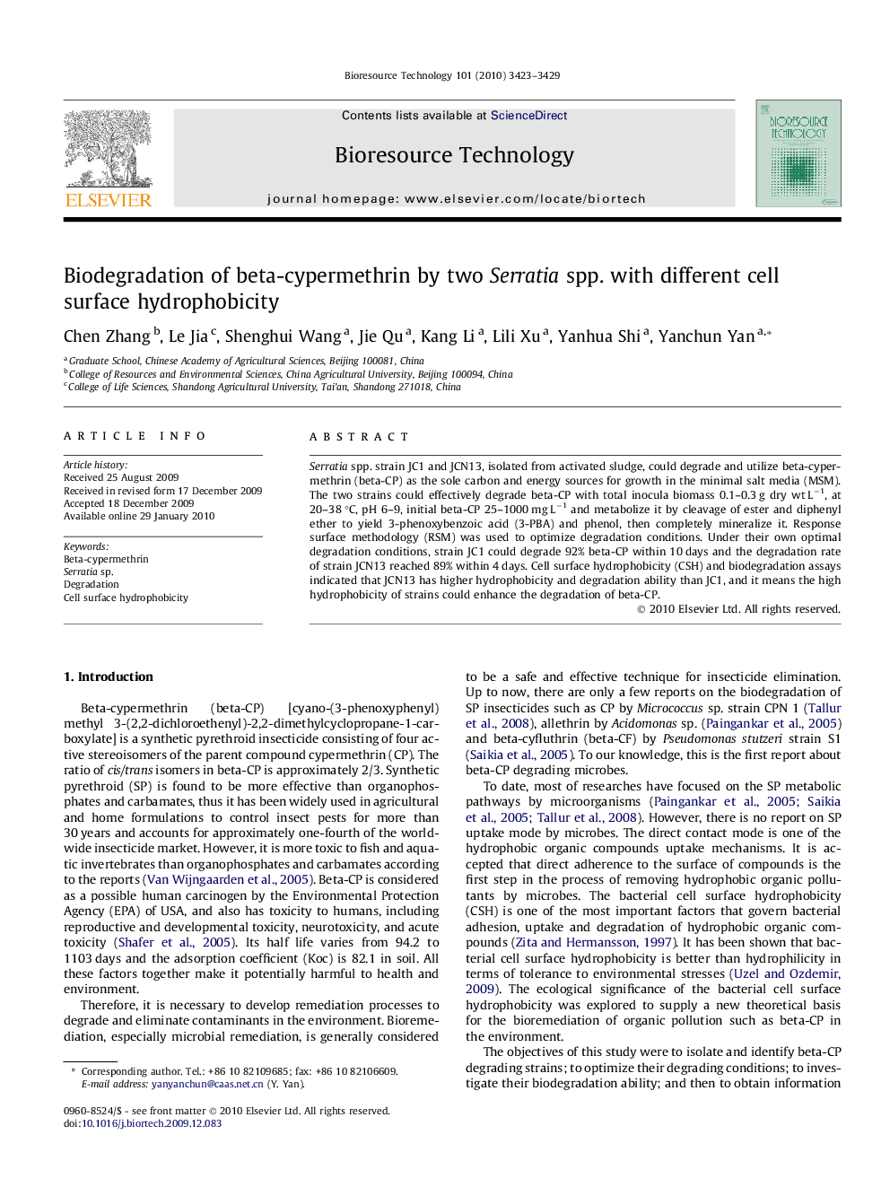 Biodegradation of beta-cypermethrin by two Serratia spp. with different cell surface hydrophobicity