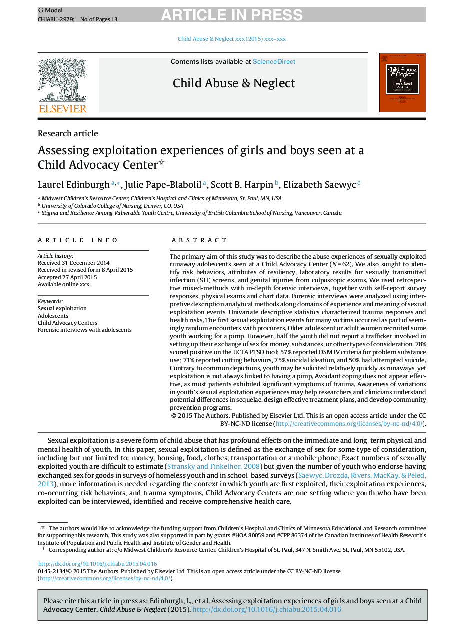 Assessing exploitation experiences of girls and boys seen at a Child Advocacy Center