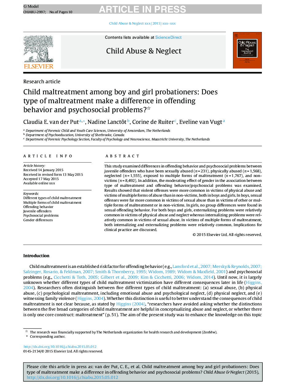 Child maltreatment among boy and girl probationers: Does type of maltreatment make a difference in offending behavior and psychosocial problems?