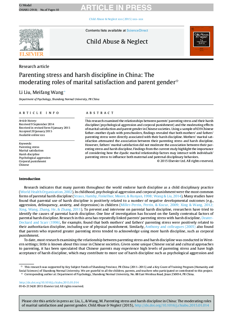 Parenting stress and harsh discipline in China: The moderating roles of marital satisfaction and parent gender