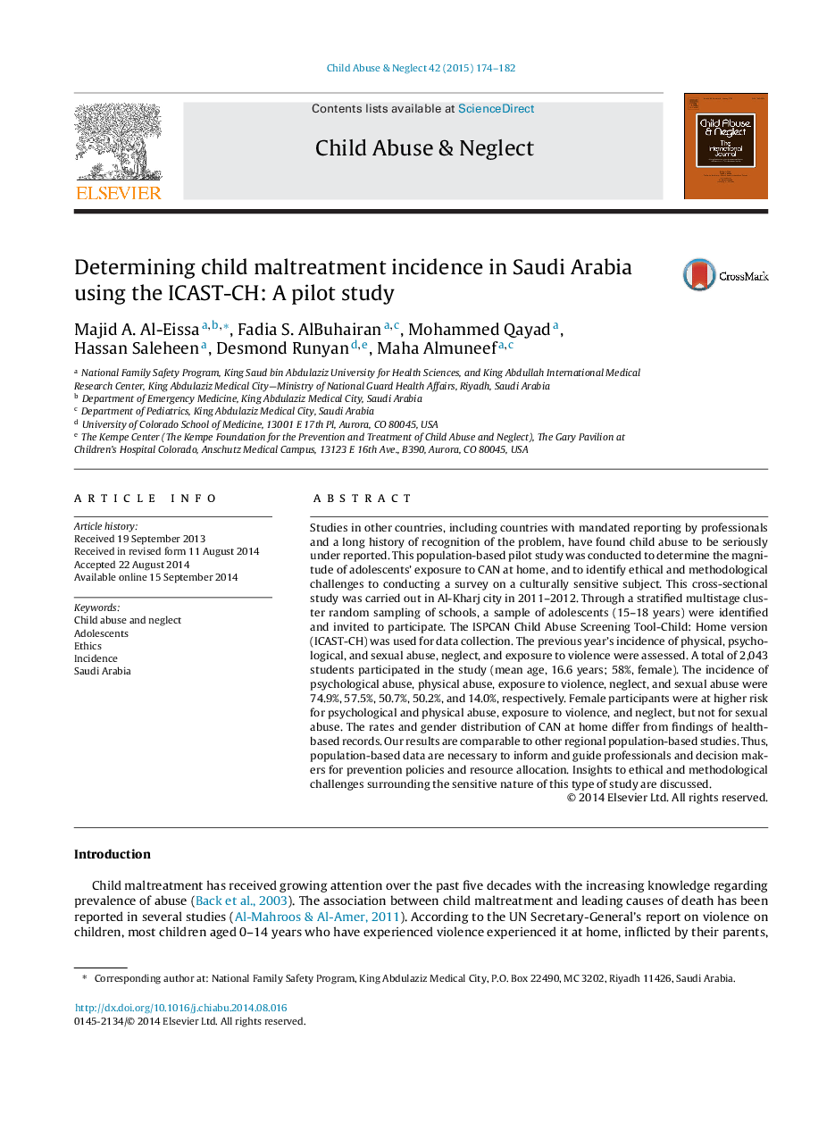 Determining child maltreatment incidence in Saudi Arabia using the ICAST-CH: A pilot study