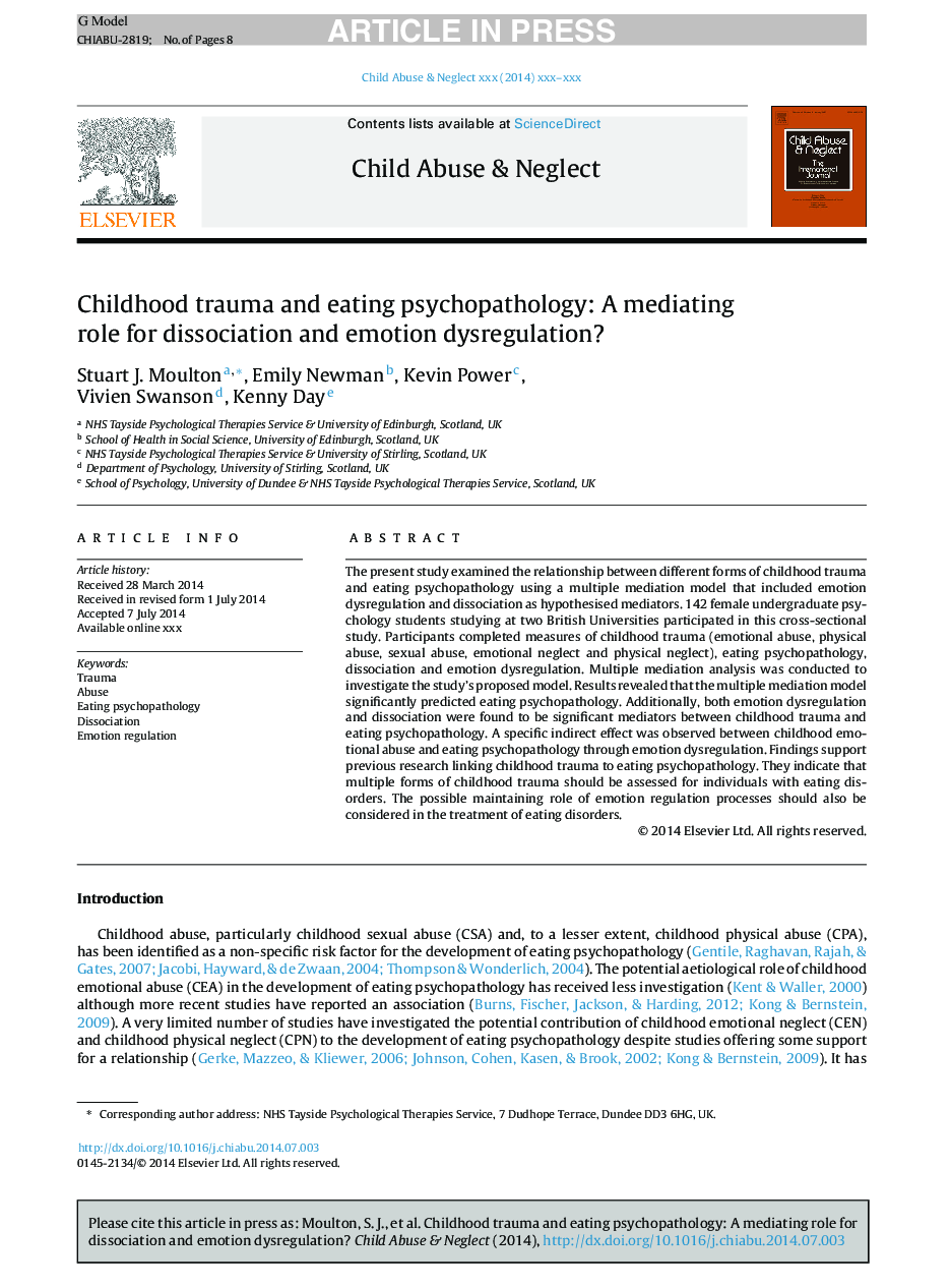 Childhood trauma and eating psychopathology: A mediating role for dissociation and emotion dysregulation?