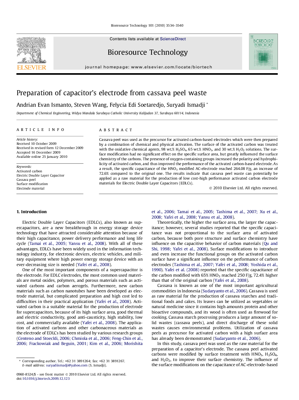 Preparation of capacitor’s electrode from cassava peel waste