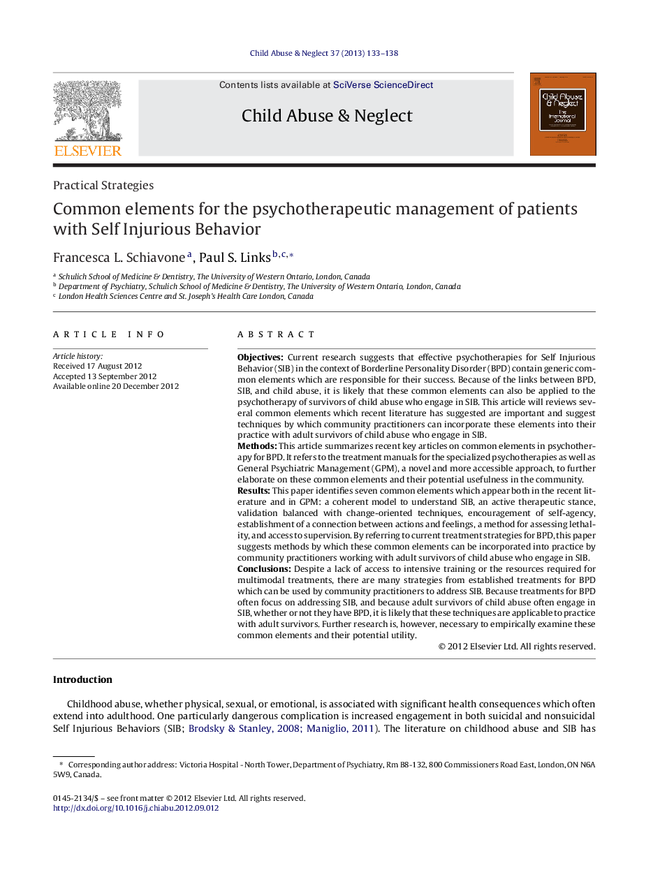 Common elements for the psychotherapeutic management of patients with Self Injurious Behavior