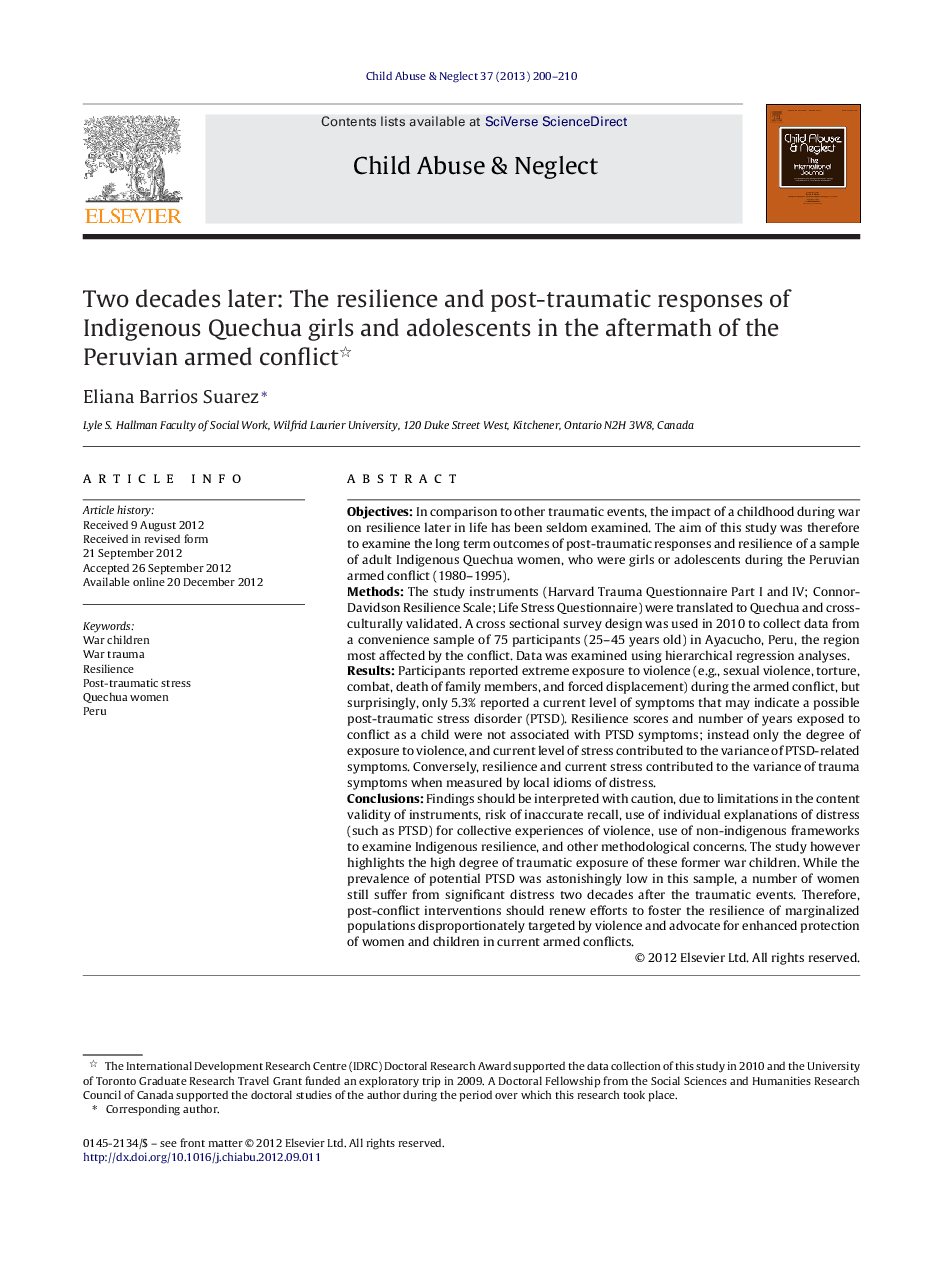 Two decades later: The resilience and post-traumatic responses of Indigenous Quechua girls and adolescents in the aftermath of the Peruvian armed conflict