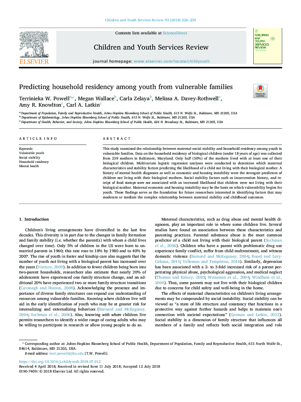 Predicting household residency among youth from vulnerable families