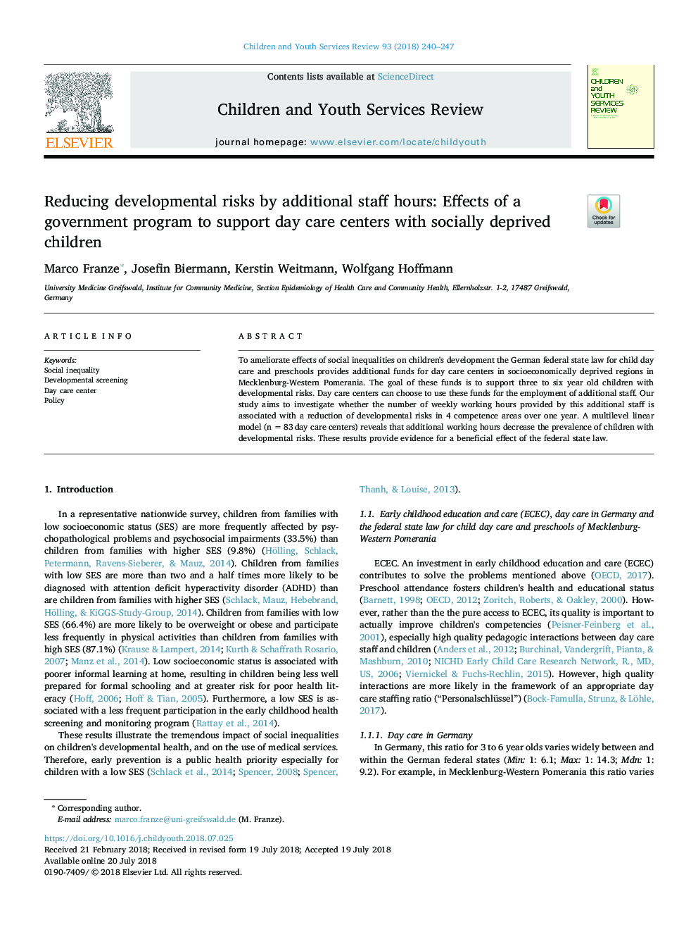 Reducing developmental risks by additional staff hours: Effects of a government program to support day care centers with socially deprived children