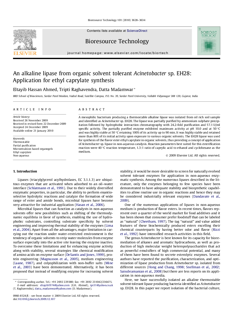 An alkaline lipase from organic solvent tolerant Acinetobacter sp. EH28: Application for ethyl caprylate synthesis