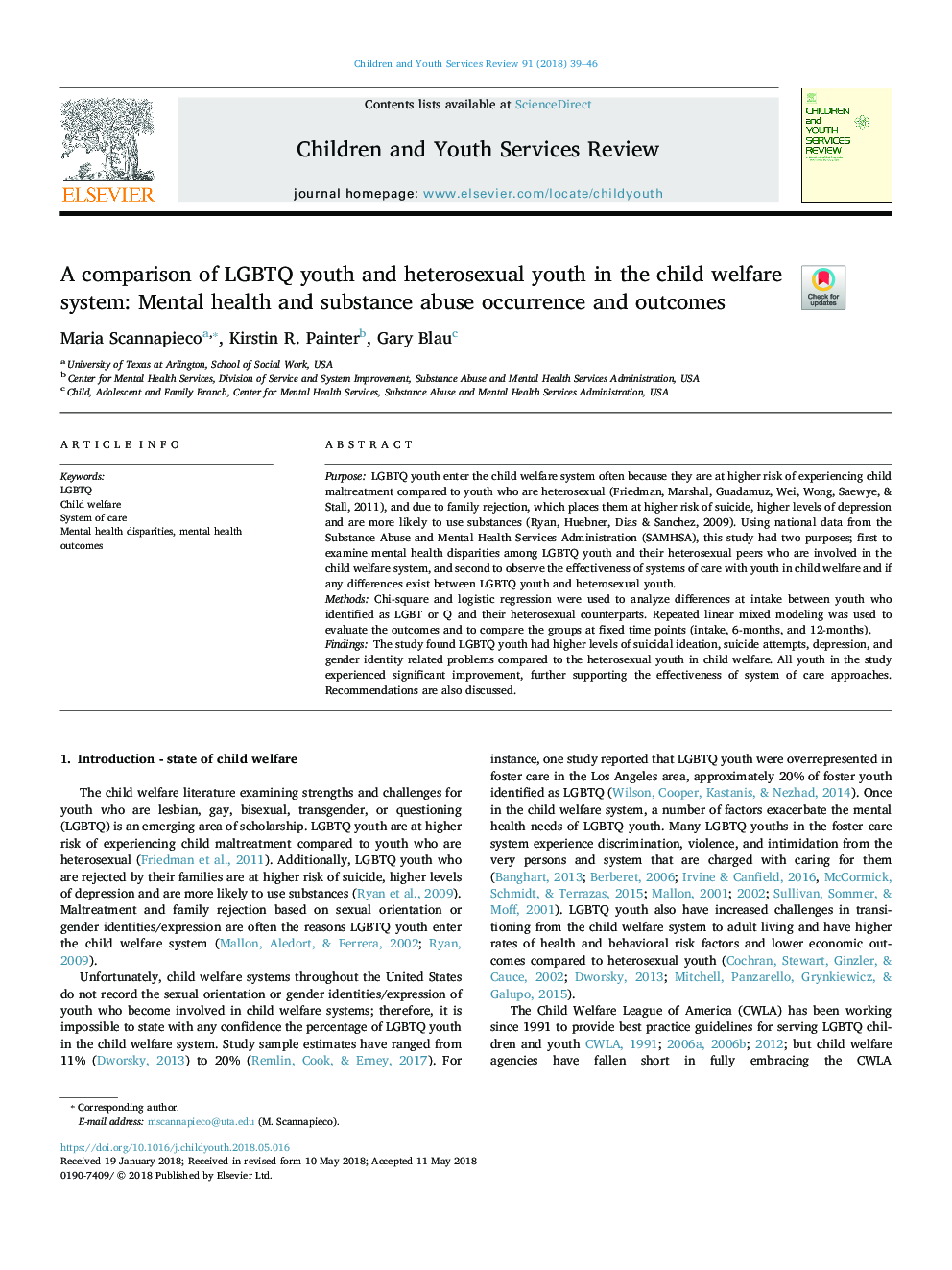 A comparison of LGBTQ youth and heterosexual youth in the child welfare system: Mental health and substance abuse occurrence and outcomes