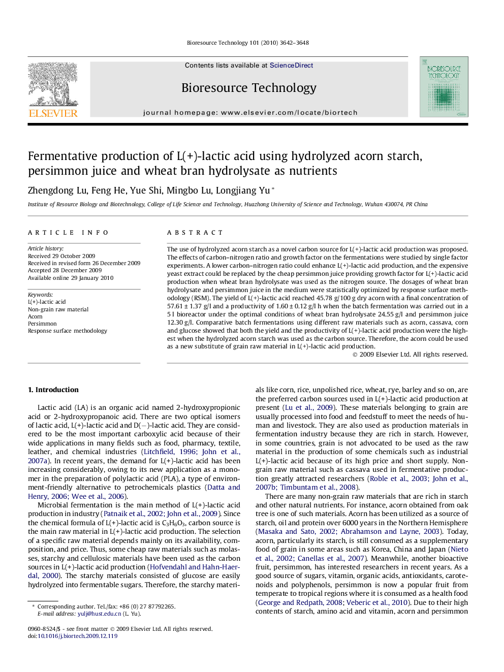 Fermentative production of L(+)-lactic acid using hydrolyzed acorn starch, persimmon juice and wheat bran hydrolysate as nutrients