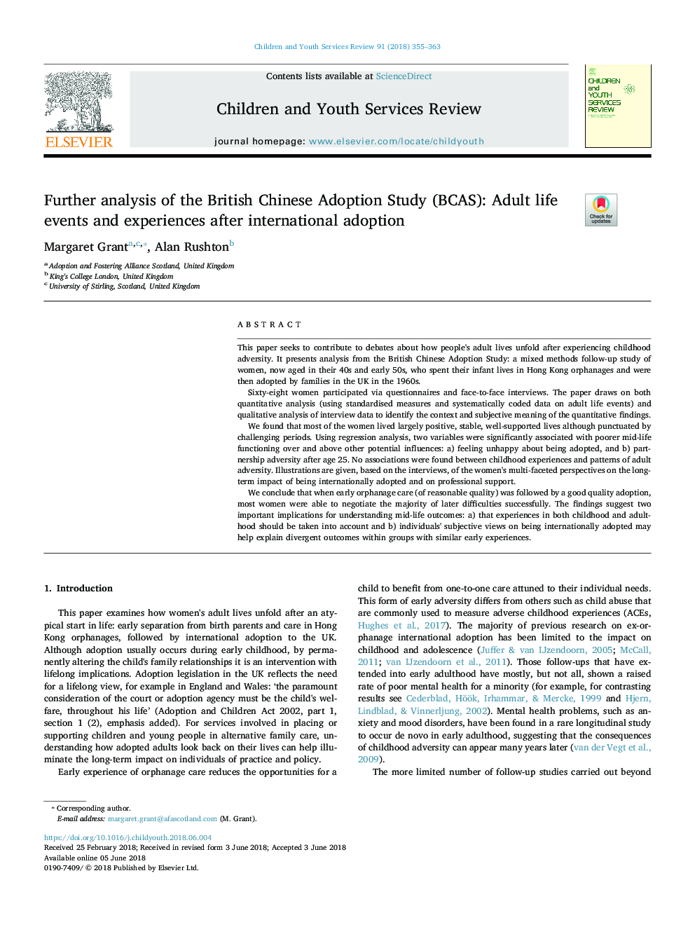 Further analysis of the British Chinese Adoption Study (BCAS): Adult life events and experiences after international adoption