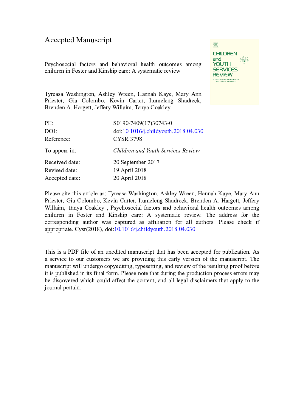 Psychosocial factors and behavioral health outcomes among children in Foster and Kinship care: A systematic review