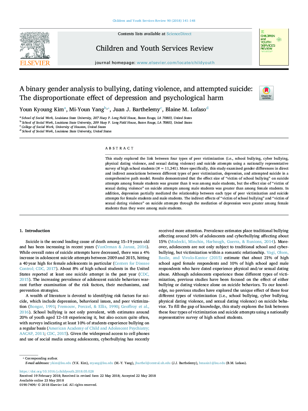 A binary gender analysis to bullying, dating violence, and attempted suicide: The disproportionate effect of depression and psychological harm