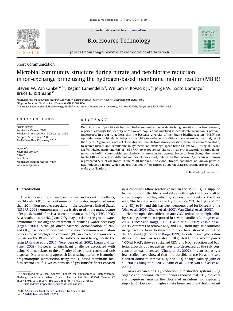 Microbial community structure during nitrate and perchlorate reduction in ion-exchange brine using the hydrogen-based membrane biofilm reactor (MBfR)