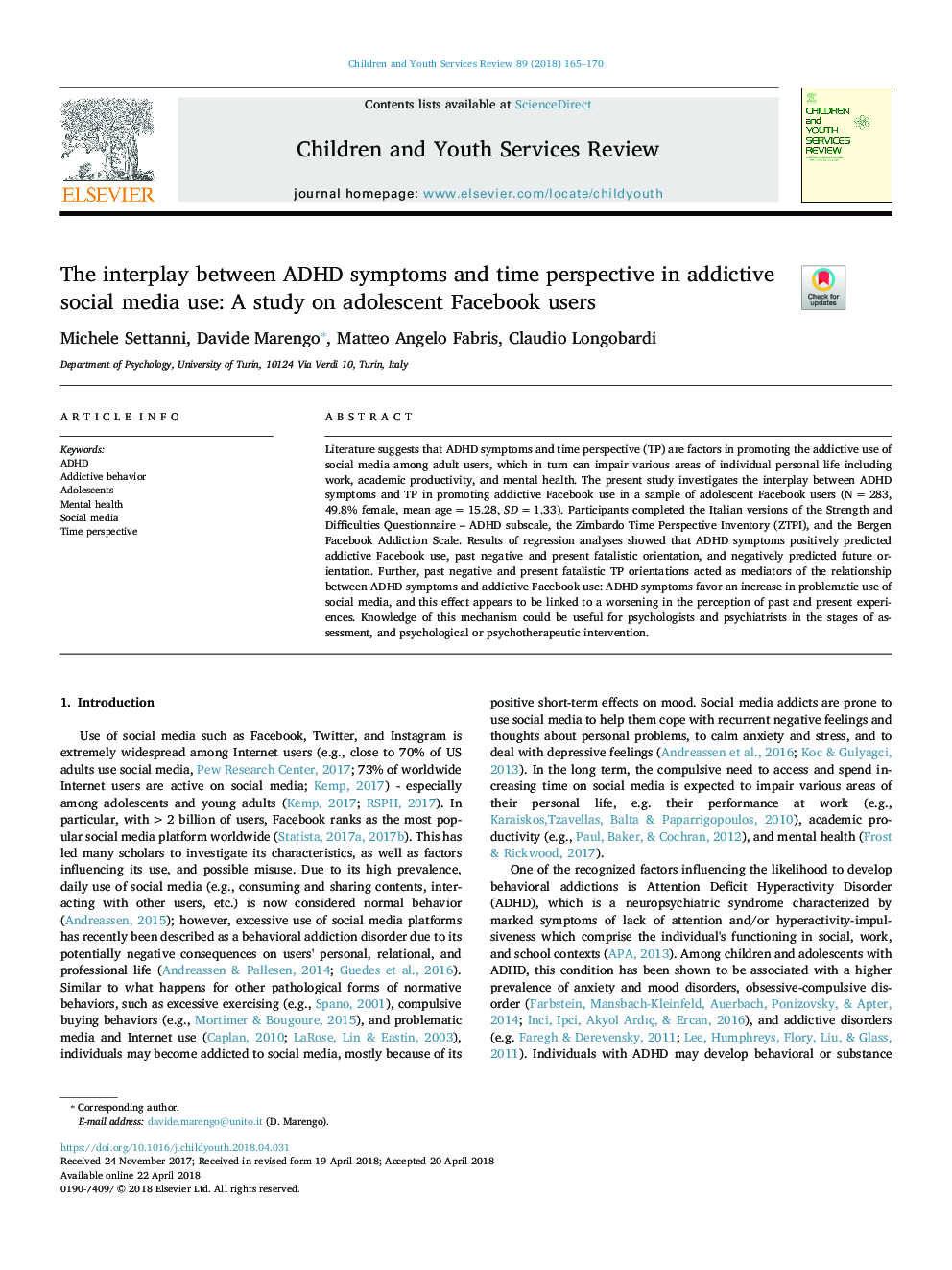 عکس صفحه اول مقاله: The interplay between ADHD symptoms and time perspective in addictive social media use: A study on adolescent Facebook users The interplay between ADHD symptoms and time perspective in addictive social media use: A study on adolescent Facebook users