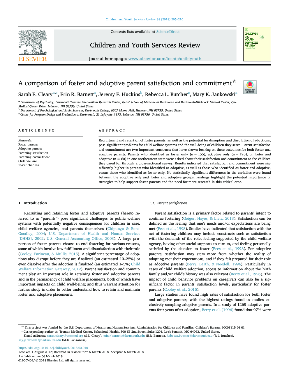 A comparison of foster and adoptive parent satisfaction and commitment