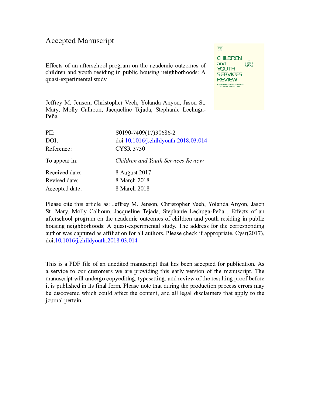 Effects of an afterschool program on the academic outcomes of children and youth residing in public housing neighborhoods: A quasi-experimental study